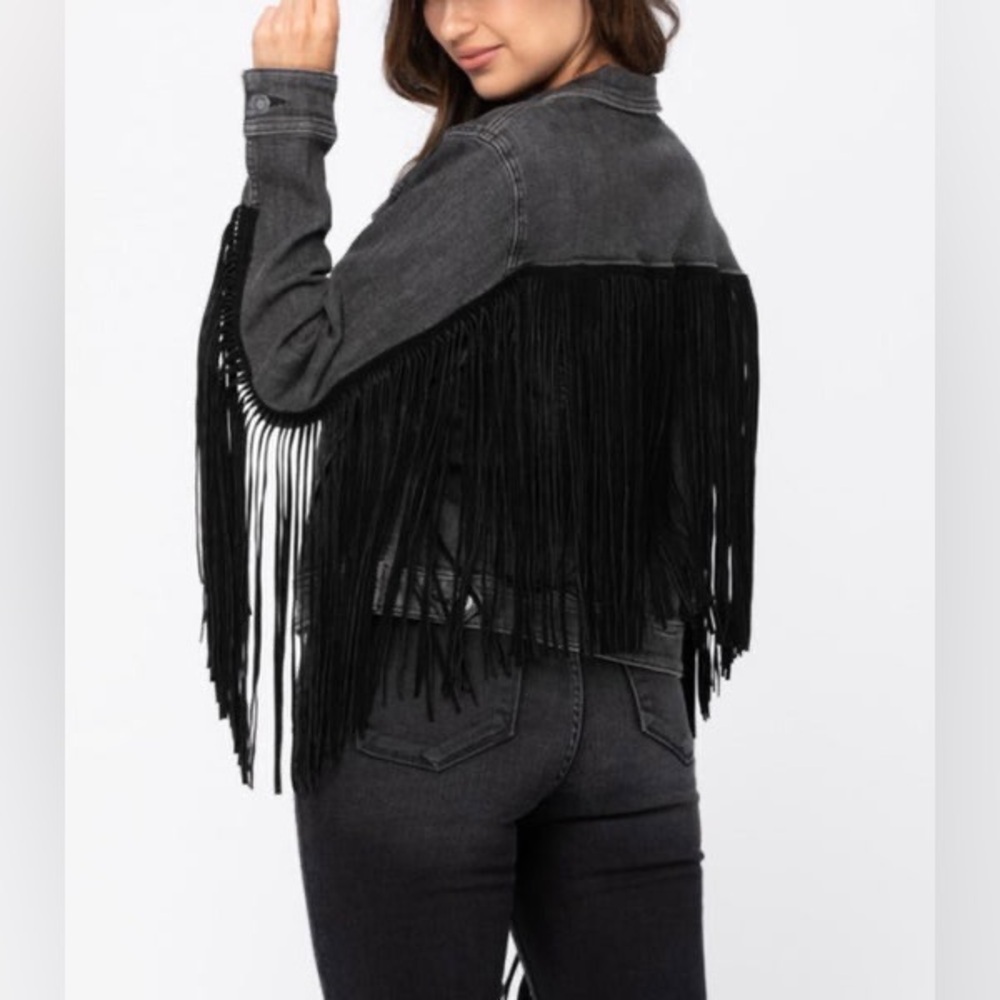 Judy Blue Black Gray Fringe Denim Jacket - Picture 4 of 11